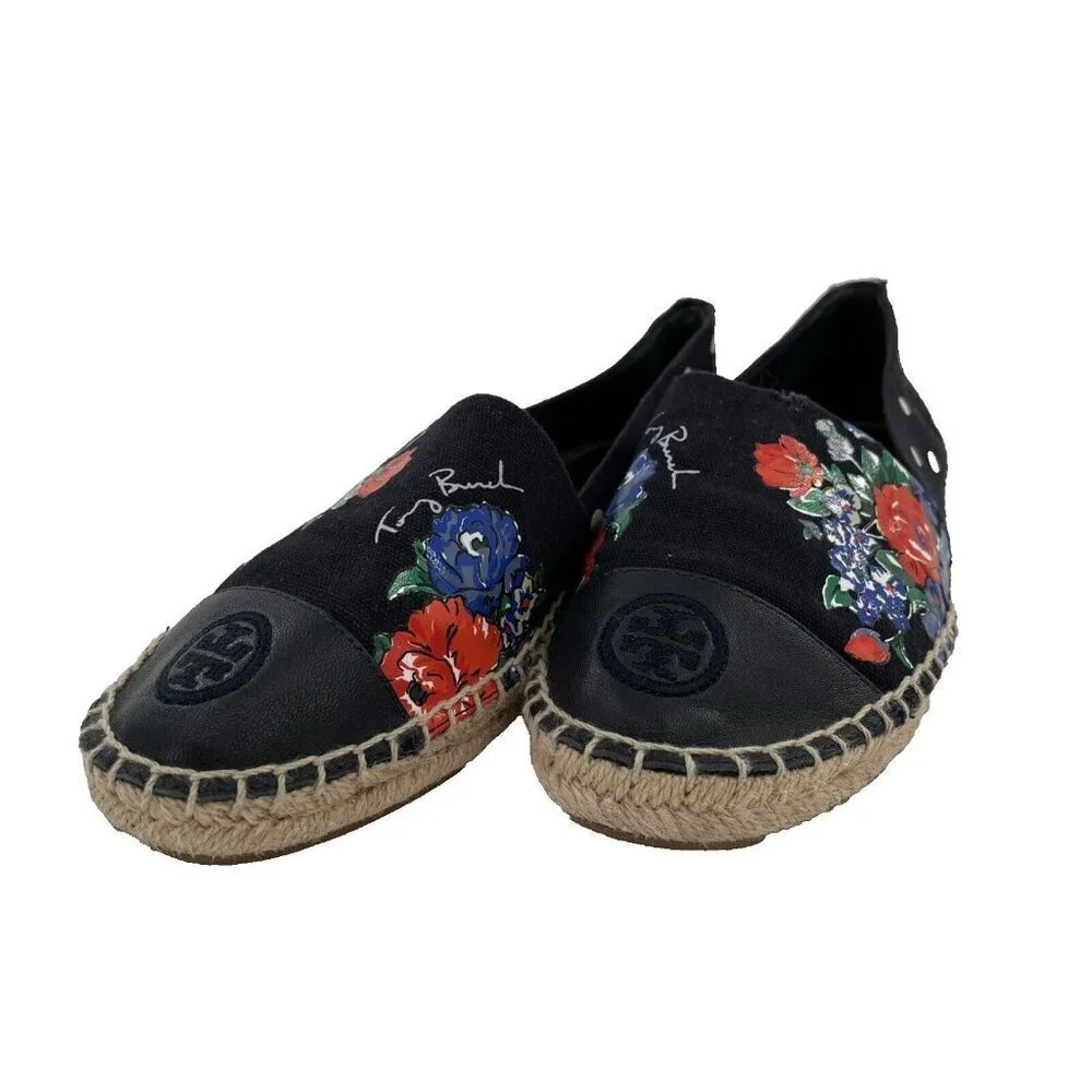 Tory Burch NAVY TEA ROSE Classic Dot‎ FLAT ESPADRILLE Slip On Size 6.5